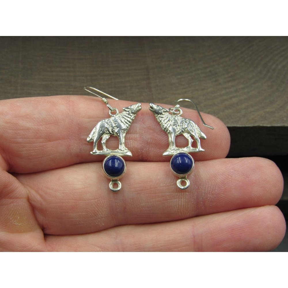 Sterling Silver Howling Wolf Lapis Lazuli Stone Earrings Vintage Wedding